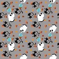The Halloween seamless pattern, the ghost sheet who is looking at a blue crystal ball for fortune tellers, back cat and autumn color leaves. vector