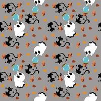 The Halloween seamless pattern, the ghost sheet who is looking at a blue crystal ball for fortune tellers, back cat and autumn color leaves. vector