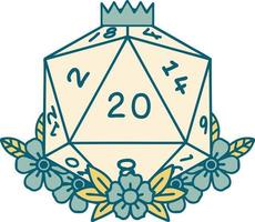 natural 20 D20 dice roll with floral elements illustration vector