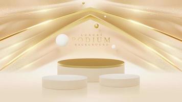 Product display podium with golden curve line element and ball decoration and glitter light effect. Vector illustration.