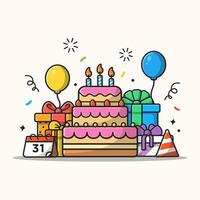 Gift Box And Birthday Cake Cartoon Vector Icon Illustration. Birthday Icon Concept Isolated Premium Vector. Flat Cartoon Style