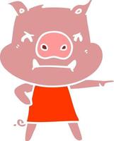 angry flat color style cartoon pig in dress pointing vector