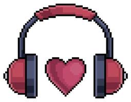 Pixel art headphone with heart, earphone vector icon for 8bit game on white background