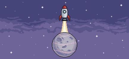 Pixel art background with rocket taking off from planet in space. Vector scene for 8bit game