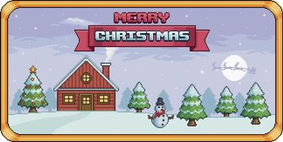Pixel art christmas landscape with house, christmas tree, pine, snowman, Santa Claus 8bit vector background with golden border