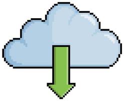 descarga de nube de pixel art, nube con icono de vector de flecha de descarga para juego de 8 bits sobre fondo blanco