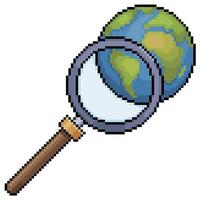 pixel art lupa analizando el icono de vector de planeta tierra para juego de 8 bits sobre fondo blanco