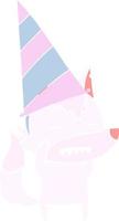 flat color style cartoon wolf in party hat vector