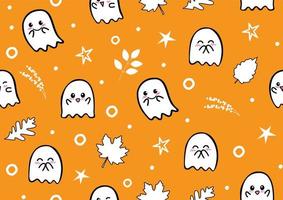 Cute ghosts in cartoon character with autumn leaves and decorated objects on orange background. Gift wrap and wallpaper in seamless and flat style. vector