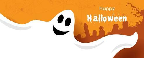 Closeup and crop happy ghost with Happy Halloween letters on graveyard scene and orange background. vector