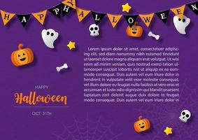 Halloween triangle flags with cute signs and symbols of Halloween days in paper cut style, example text on purple paper pattern background. vector