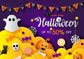 Cute sign and symbols of Halloween with sale wording in yellow clouds and on gradient purple background. Halloween sale banner in paper cut style and vector design.
