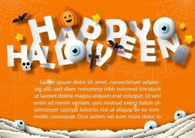 feliz halloween con objeto de signo de halloween en estilo de corte de papel y textos de ejemplo sobre telas de araña y fondo de patrón de papel naranja. vector