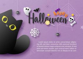 Black cat hide peek with wording and symbols of Halloween day in paper cut style on purple paper pattern background. Halloween greeting card in paper cut style and vector design.