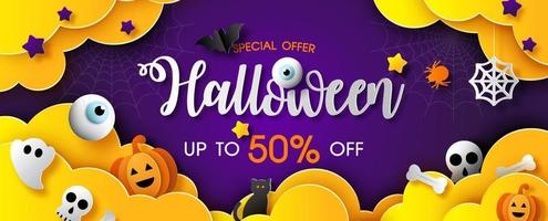 Cute sign and symbols of Halloween with sale wording in yellow clouds and on gradient purple background. Halloween sale banner in paper cut style and vector design.