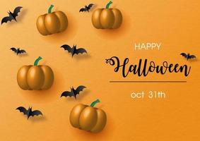 Pumpkins in 3d with bats flying in paper cut style and the day and name of event on orange background. Greeting card and poster of Halloween day in vector design.