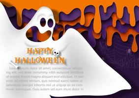 Closeup and crop scary ghost with Happy Halloween letters and example texts on evil bloods drop drown in paper cut style and black background. All in vector design.