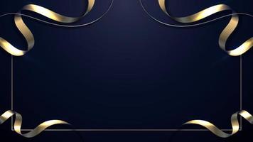 Abstract 3D elegant golden ribbon wave curved lines with gold frame and lighting effect on dark blue background vector