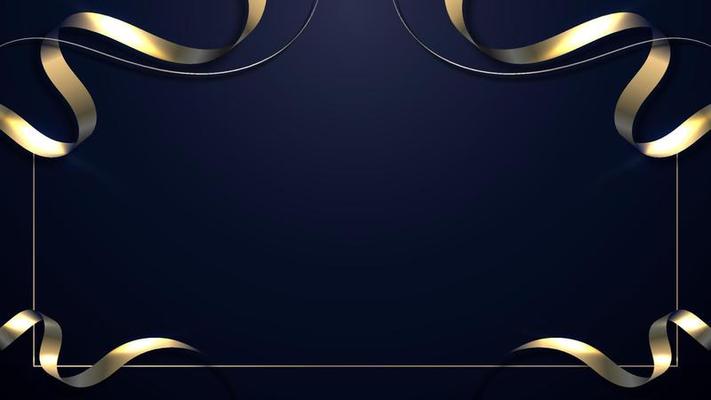 Abstract 3D elegant golden ribbon wave curved lines with gold frame and lighting effect on dark blue background