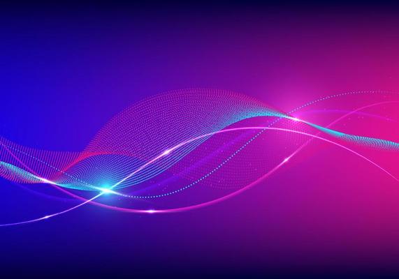 Abstract technology futuristic concept wave lines and dots particles with lighting effect on blue and pink neon colors background