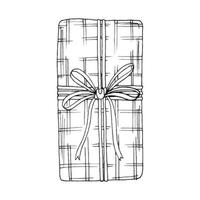 Gift box with ribbon. Hand drawn doodle sketch. Isolated holiday items. Vector image.