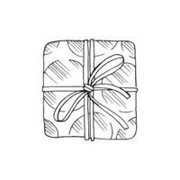 Gift box with ribbon. Hand drawn doodle sketch. Isolated holiday items. Vector image.