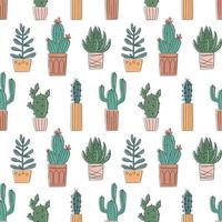 Vector seamless pattern with hand drawn cactus and succulents. Cacti in pots. Beautiful floral design elements, perfect for prints and surface. Repeating hand drawn background