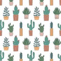 patrón vectorial sin costuras con cactus y suculentas dibujados a mano. cactus en macetas. hermosos elementos de diseño floral, perfectos para impresiones y superficies. repitiendo fondo dibujado a mano vector