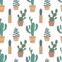 Vector seamless pattern with hand drawn cactus and succulents. Cacti in pots. Beautiful floral design elements, perfect for prints and surface. Repeating hand drawn background