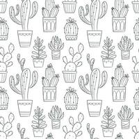 Vector seamless pattern with outline hand drawn cactus and succulents. Cacti in pots. Beautiful floral design elements, perfect for prints and surface. Repeating hand drawn background