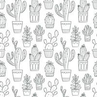 Vector seamless pattern with outline hand drawn cactus and succulents. Cacti in pots. Beautiful floral design elements, perfect for prints and surface. Repeating hand drawn background