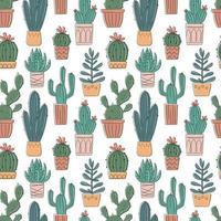 Vector seamless pattern with hand drawn cactus and succulents. Cacti in pots. Beautiful floral design elements, perfect for prints and surface. Repeating hand drawn background