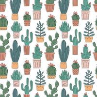 patrón vectorial sin costuras con cactus y suculentas dibujados a mano. cactus en macetas. hermosos elementos de diseño floral, perfectos para impresiones y superficies. repitiendo fondo dibujado a mano vector