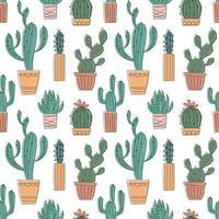 patrón vectorial sin costuras con cactus y suculentas dibujados a mano. cactus en macetas. hermosos elementos de diseño floral, perfectos para impresiones y superficies. repitiendo fondo dibujado a mano vector