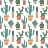 Vector seamless pattern with hand drawn cactus and succulents. Cacti in pots. Beautiful floral design elements, perfect for prints and surface. Repeating hand drawn background