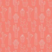 Vector seamless pattern with outline hand drawn cactus and succulents on coral background. Cacti in pots. Beautiful floral design elements, perfect for prints and surface