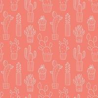 Vector seamless pattern with outline hand drawn cactus and succulents on coral background. Cacti in pots. Beautiful floral design elements, perfect for prints and surface