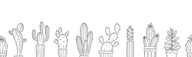 Seamless Horizontal Pattern with Cactus in pots. Vector Background