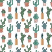 Vector seamless pattern with hand drawn cactus and succulents. Cacti in pots. Beautiful floral design elements, perfect for prints and surface. Repeating hand drawn background