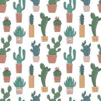 patrón vectorial sin costuras con cactus y suculentas dibujados a mano. cactus en macetas. hermosos elementos de diseño floral, perfectos para impresiones y superficies. repitiendo fondo dibujado a mano vector