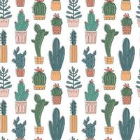 Vector seamless pattern with hand drawn cactus and succulents. Cacti in pots. Beautiful floral design elements, perfect for prints and surface. Repeating hand drawn background