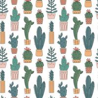 patrón vectorial sin costuras con cactus y suculentas dibujados a mano. cactus en macetas. hermosos elementos de diseño floral, perfectos para impresiones y superficies. repitiendo fondo dibujado a mano vector