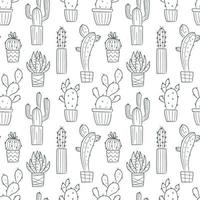 Vector seamless pattern with outline hand drawn cactus and succulents. Cacti in pots. Beautiful floral design elements, perfect for prints and surface. Repeating hand drawn background