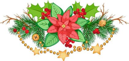 Christmas composition with poinsettia, fir branches, with holly, branches, berries and golden garland. vector