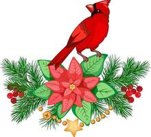 Christmas arrangement with cardinal bird, fir branches, poinsettia, christmas ball, garlands and bells. Merry Christmas Clip Art. Winter decor. Vector Clip Art