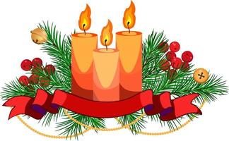 Christmas arrangement with fir branches, candles, ribbon, bells and golden garland. Winter decor vector