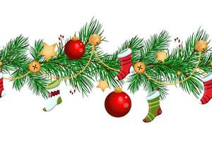 patrón sin costuras de navidad con ramas de abeto, bastones de caramelo, medias de navidad y guirnaldas doradas. decoración de invierno vector