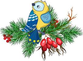 christmas composition with Great tit bird, hawthorn berries, fir branches vector