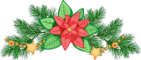 Christmas composition with poinsettia, fir branches, with holly, branches, berries and golden garland. vector