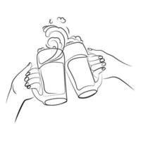 Two hands clinking beer mugs with a splash of foam Line drawing black and white illustration.Hands with beer mugs sketch drawing for web, poster, invitation to party oktoberfest festival vector